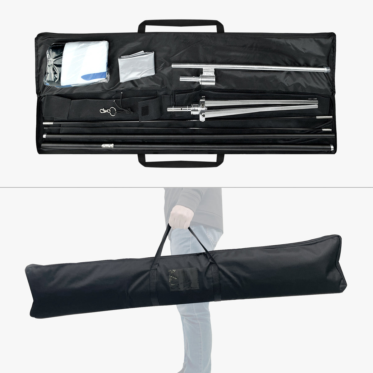XL / Large flag carry bag shown open with poles and base inside, and carried by its handles