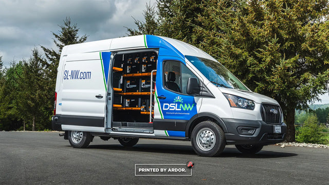 Ford Transit work van upfit with shelving and graphics for DSLNW