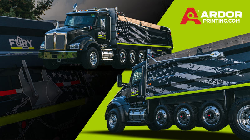 Fury dump truck wrap design with American flag graphics
