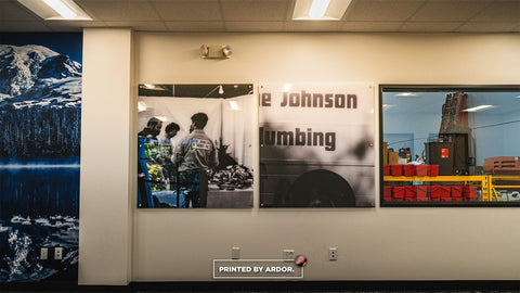 Gene Johnson Plumbing office wall wrap with acrylic standoff panels by Ardor Printing