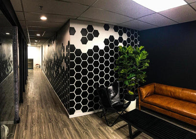 Black and white hexagon pattern office hallway wall graphics by Ardor Printing