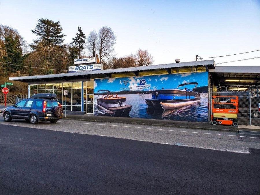 Gonnason Boats outdoor building wall wrap by Ardor Printing