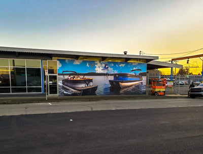 Gonnason Boats outdoor building wall wrap with pontoon boat photography by Ardor Printing, view 3
