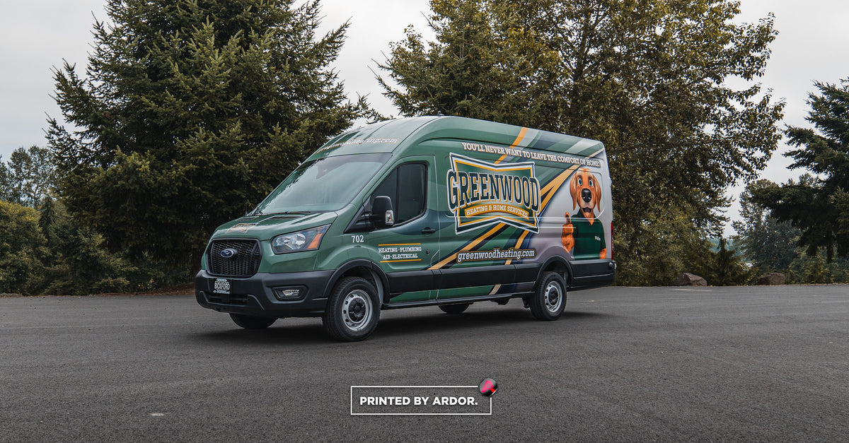 Greenwood Heating Ford Transit van with a full green fleet wrap, printed and installed by Ardor Printing