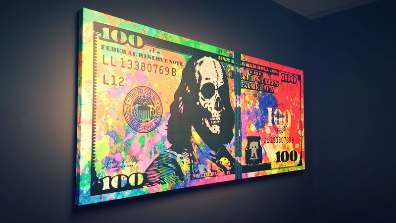 Colorful pop-art canvas print of a hundred dollar bill design, an art reproduction for a Bellevue client