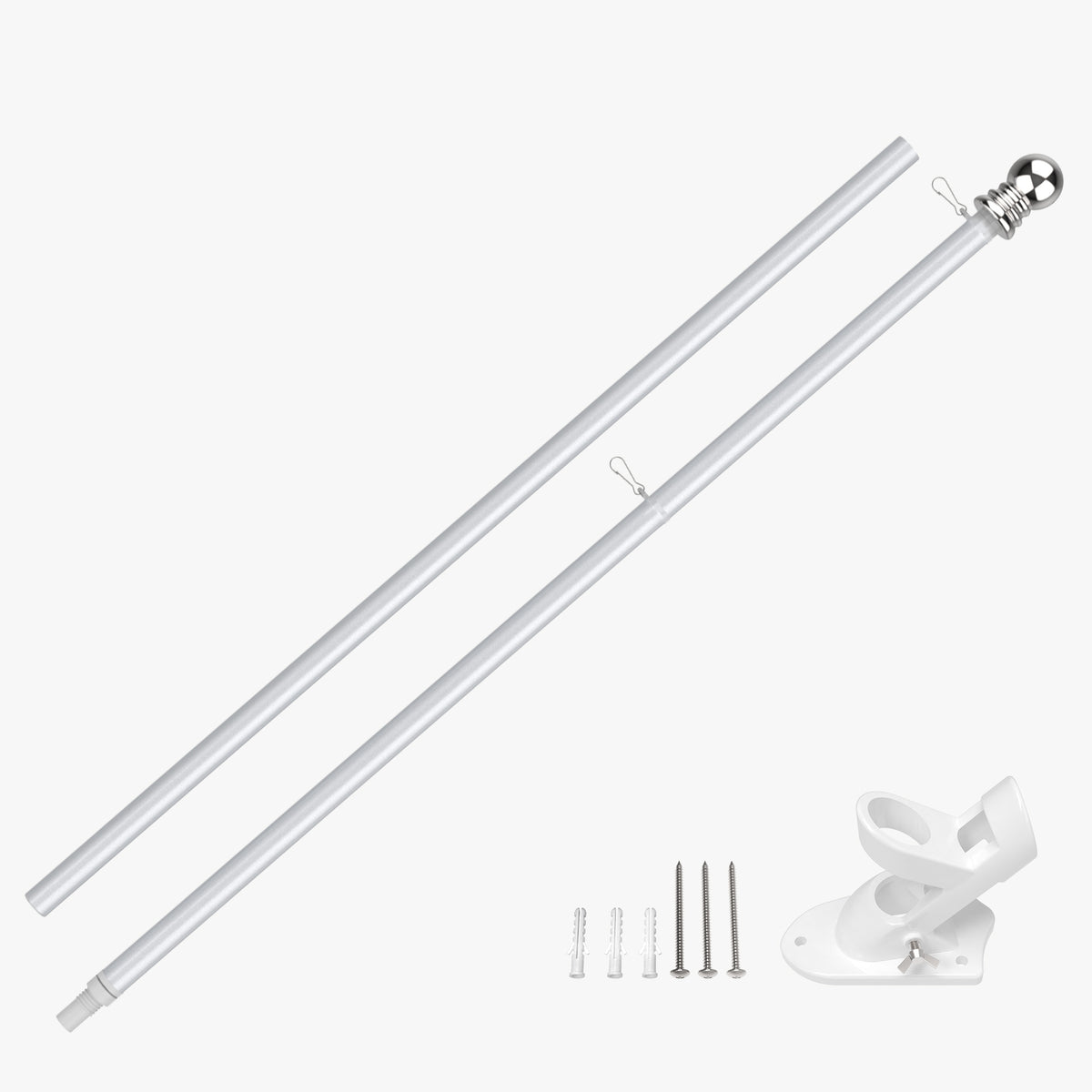 Aluminum house flag pole with ball top, white mounting bracket and screws