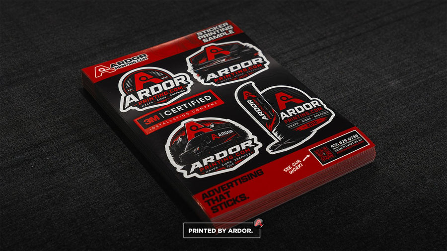 Ardor Printing sample sheet of kiss cut logo stickers