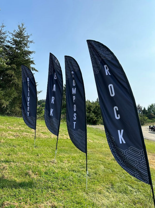 Landscape supply yard feather flags for rock, bark, compost and delivery, printed by Ardor Printing