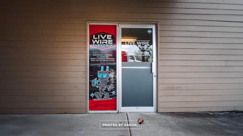 Live Wire Electric storefront door graphics with frosted privacy band by Ardor Printing