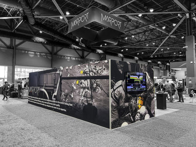 Marport island trade show booth with printed wall graphics and hanging sign by Ardor Printing