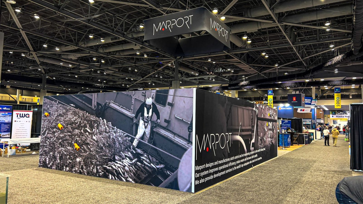 Marport island trade show booth with large printed wall graphics by Ardor Printing