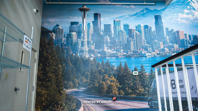 Martin Bower office wall mural with Seattle skyline and fleet trailer by Ardor Printing, view 5