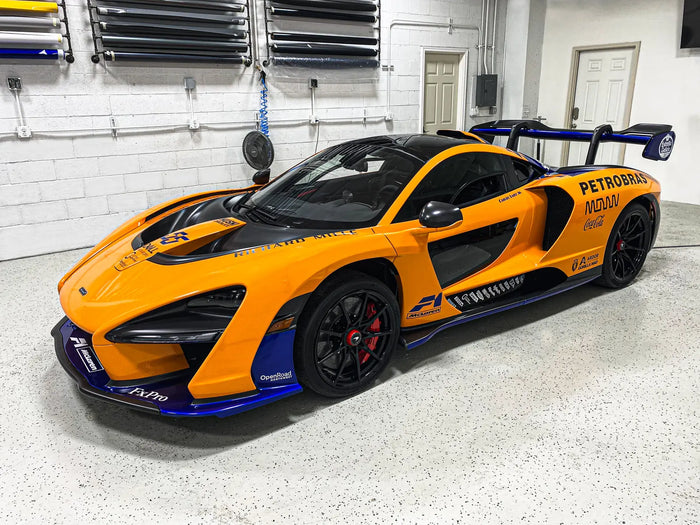 Custom racing livery wrap on a McLaren Senna