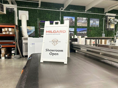 Milgard showroom open A-frame sign by Ardor Printing, view 2
