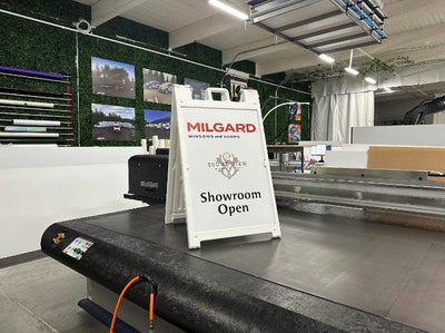Milgard showroom open A-frame sign by Ardor Printing, view 3