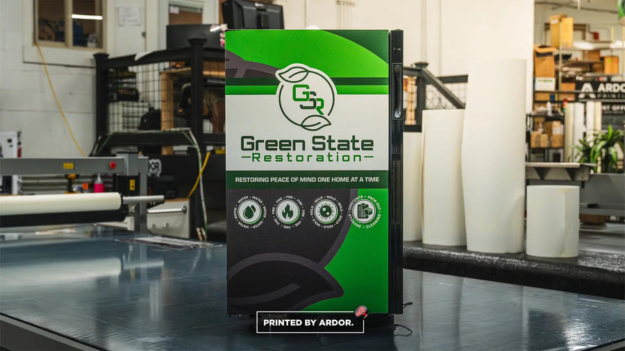 Branded mini fridge wrap for Green State Restoration