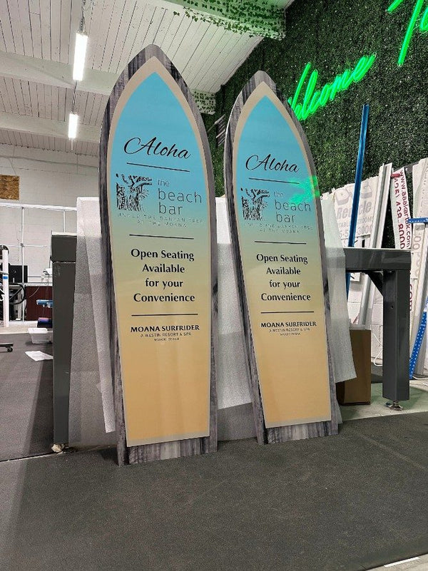Moana Surfrider beach bar surfboard-shaped signs by Ardor Printing