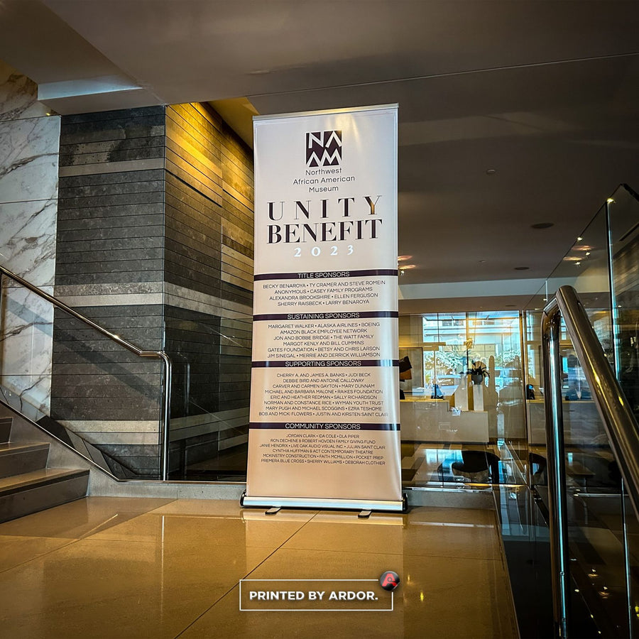 Retractable banner stand in a lobby for the Northwest African American Museum Unity Benefit