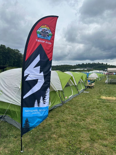 National Scout Jamboree troop custom feather flag at the campground, printed by Ardor Printing