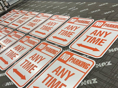 No parking signs cut on a Zund cutter by Ardor Printing