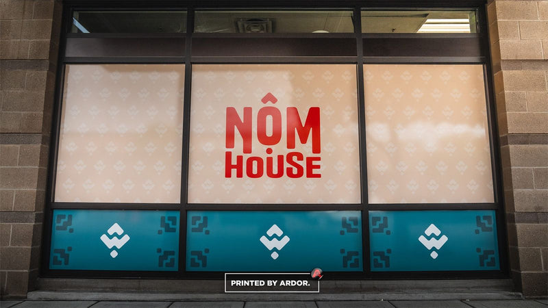 Nom House restaurant storefront window graphics, view 4 by Ardor Printing