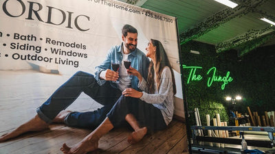 Nordic Home Solutions custom fabric backdrop banner on a stand by Ardor Printing
