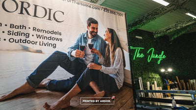 Nordic Home Solutions custom fabric backdrop banner on a stand by Ardor Printing, view 4