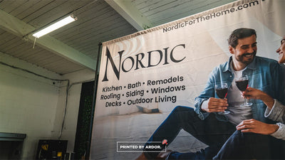 Nordic Home Solutions custom fabric backdrop banner on a stand by Ardor Printing, view 6