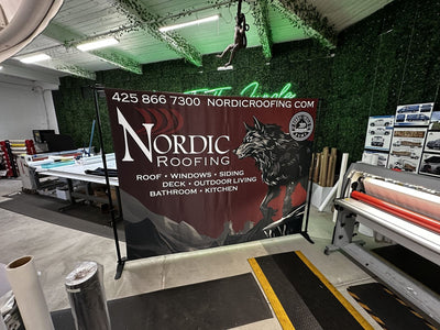 Nordic Roofing step and repeat banner on an adjustable backdrop stand by Ardor Printing, view 18