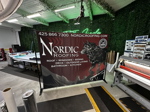 Nordic Roofing step and repeat banner on an adjustable backdrop stand by Ardor Printing, view 3