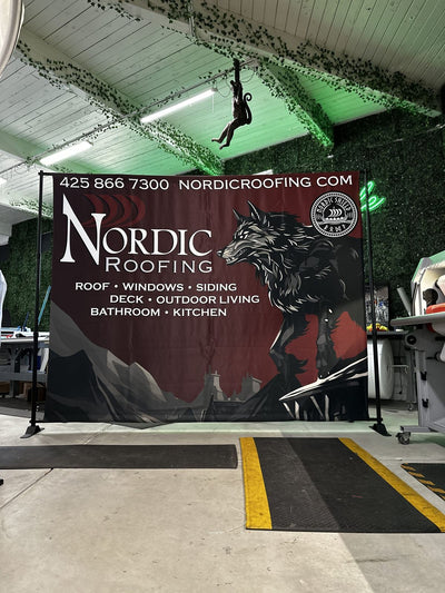 Nordic Roofing step and repeat banner on an adjustable backdrop stand by Ardor Printing, view 4