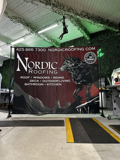 Nordic Roofing step and repeat banner on an adjustable backdrop stand by Ardor Printing, view 7