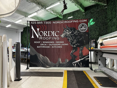 Nordic Roofing step and repeat banner on an adjustable backdrop stand by Ardor Printing, view 9