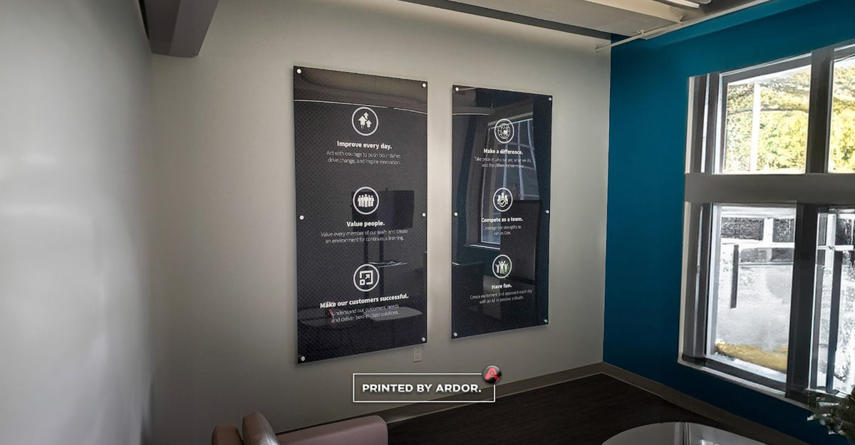 Office core values signs printed on black acrylic with standoffs by Ardor Printing