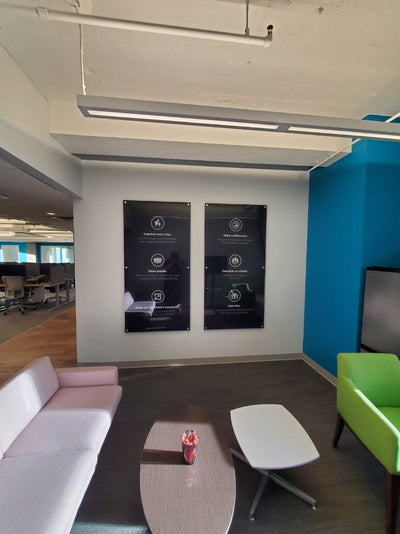 Office core values signs printed on black acrylic with standoffs by Ardor Printing, view 2