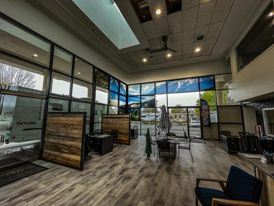 Floor-to-ceiling mountain scene window graphics in an RV dealership showroom, view 3 by Ardor Printing