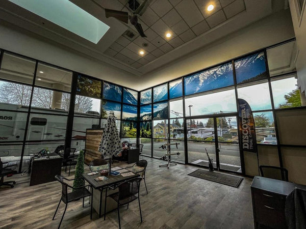 Floor-to-ceiling mountain scene window graphics in an RV dealership showroom, view 4 by Ardor Printing