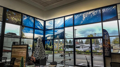 Floor-to-ceiling mountain scene window graphics in an RV dealership showroom, view 5 by Ardor Printing