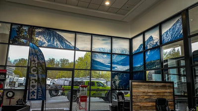 Floor-to-ceiling mountain scene window graphics in an RV dealership showroom, view 7 by Ardor Printing