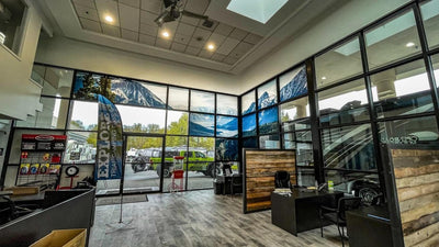 Floor-to-ceiling mountain scene window graphics in an RV dealership showroom, view 8 by Ardor Printing