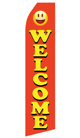 Orange Welcome econo feather flag, 16 ft, single-sided, design 1053