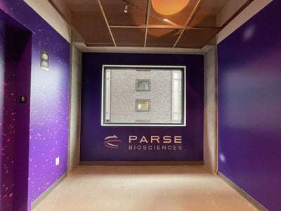 Parse Biosciences elevator lobby wall wrap by Ardor Printing, view 7