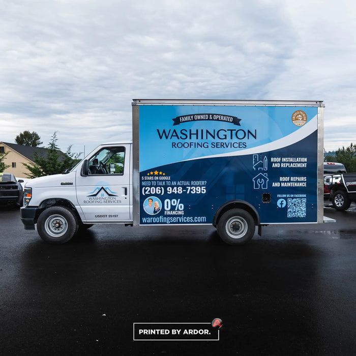 Partial box truck wrap for Washington Roofing Service