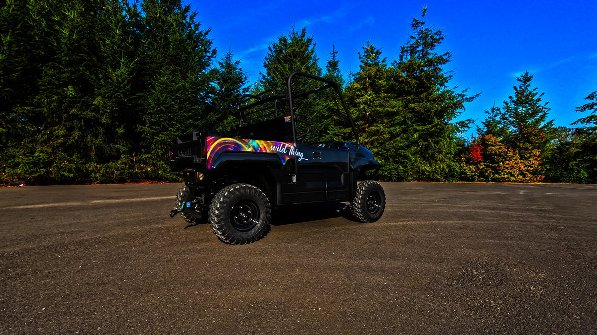 Black side-by-side with a printed rainbow swirl graphic on the bed, wrapped by Ardor Printing
