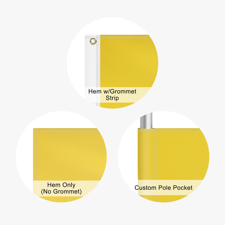 Pole flag finishing options: hem with grommet strip, rope grip and custom pole pocket
