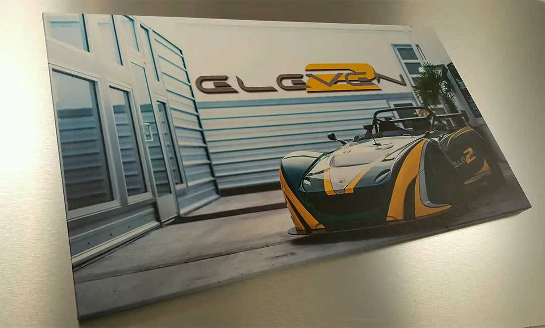 Custom printed stretched canvas we did for park place motors in Bellevue, WA. This canvas print was done using an image of one of their lotus race cars.
