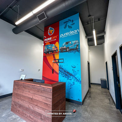 PureDry Restoration office wall wrap with core values and branding by Ardor Printing, view 10