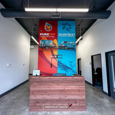 PureDry Restoration office wall wrap with core values and branding by Ardor Printing, view 11