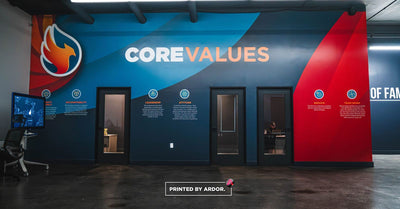 PureDry Restoration office wall wrap with core values and branding by Ardor Printing, view 3