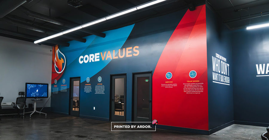 PureDry Restoration core values office wall wrap in blue and red, printed and installed by Ardor Printing